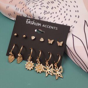 Fashion Accents, NWT, 6 prs gold tone stud & dangle rhinestone earrings